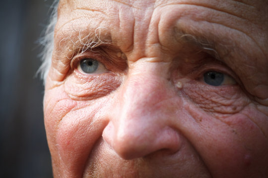 Close-up portrait of a very old man against the background of wattle, selective focus