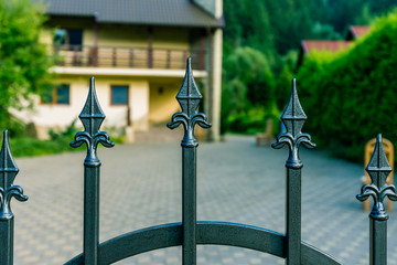 Forged iron fence at the entrance of the yard (closeup details).