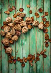 Photo frame with dried flowers  roses on wooden background