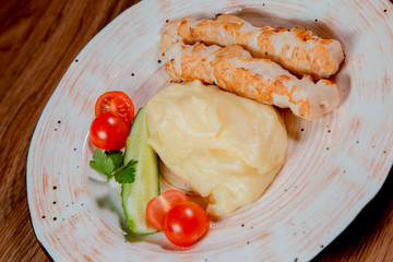 Russian kitchen. Mashed potatoes with chicken kebab