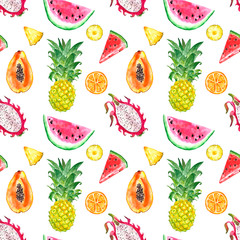 Watercolor tropical fruits seamless pattern. Hand painted fresh ripe orange papaya, pineapple, watermelon slices, dragon fruit, citrus, isolated on white background. Summer print, healthy food art