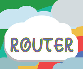 Text sign showing Router. Conceptual photo power tool with shaped cutter used carpentry making grooves joints.