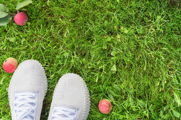 Sneakers in green grass with wild apples lying nearby