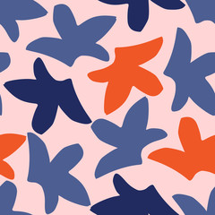 Abstract seamless pattern with shapes in red, blue and violet in pastel pink background.