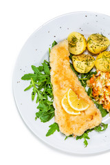 Fish dish - fried fish fillet boiled potatoes and vegetables