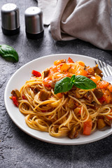 Pasta with eggplant, pepper and tomatoes
