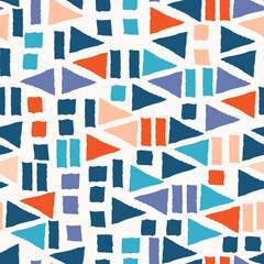 Abstract seamless pattern with geometric shapes in red, blue, peach and violet on cream background.