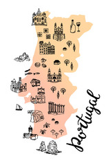 Drawing Portugal map with portuguese cities, buildings and landmarks. Illustrated detailed map of Portugal country.