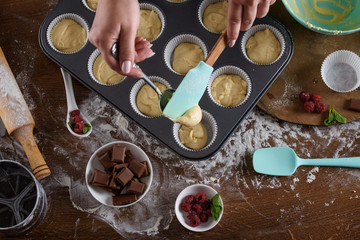 Delicious and fragrant muffins with raspberries and chocolate.