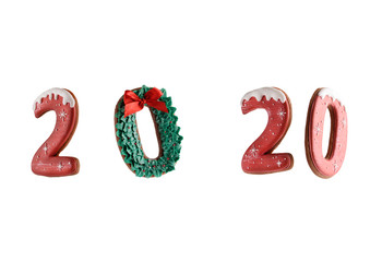 Beautiful and fragrant gingerbread in the form of numbers. 2020 on a white background.