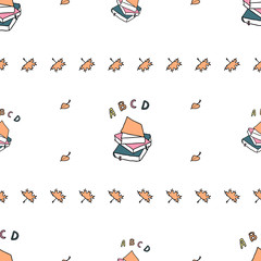 Autumn seamless pattern with school books, ABC leters, leaves. Background can be printed on textile, wallpaper, wrapping paper, greeting cards. Colorful hand drawing sketch. Vector illustration