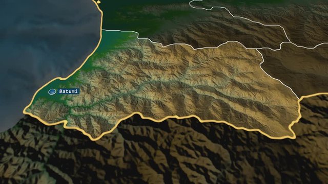 Ajaria - autonomous republic of Georgia with its capital zoomed on the physical map of the globe. Animation 3D