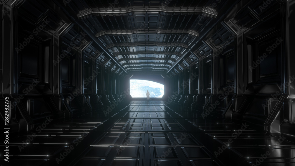 Wall mural alone astronaut in futuristic space corridor. view of the earth. 3d rendering