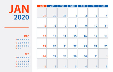 January 2020 Calendar Planner - vector illustration. Template. Mock up.