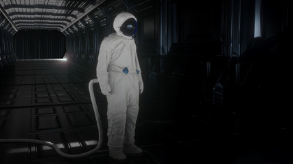 Alone astronaut looks at the planet earth in futuristic interior, the planet earth reflects in a spacesuit helmet. Cinematic 3d illustration for scientific programs on space, planet earth and others © Laricha