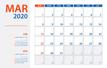 March 2020 Calendar Planner - vector illustration. Template. Mock up.