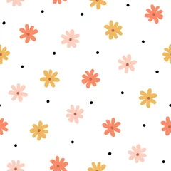 Fotobehang Scandinavische stijl Naadloos patroon met eenvoudige kleine bloemen in pastelkleur. Floral herhaalbare achtergrond met kamille. Leuke kinderachtige print. Vectorillustratie in Scandinavische decoratieve stijl.