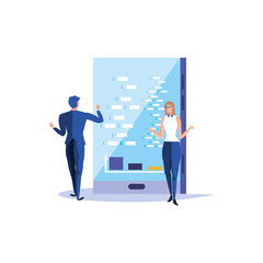 business couple and smartphone with infographic