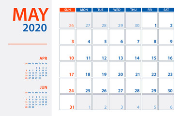 May 2020 Calendar Planner - vector illustration. Template. Mock up.