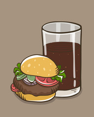 Burger with glass of cola. Burger with salad beef tomato pickle cartoon vector. Cartoon burger. Fast food vector.