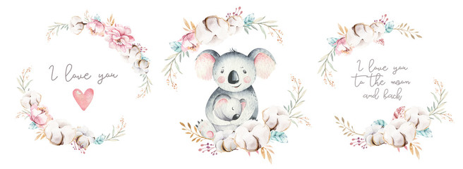Watercolor cute cartoon little baby and mom koala with floral wreath. Isolated tropical illustration. Mother and baby design. Animal family. Kid love birthday drawing © kris_art
