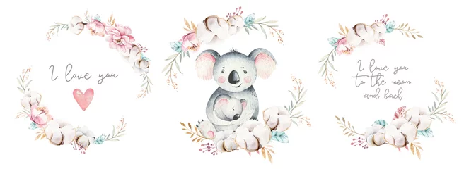Fototapeten Watercolor cute cartoon little baby and mom koala with floral wreath. Isolated tropical illustration. Mother and baby design. Animal family. Kid love birthday drawing © kris_art