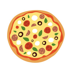 Pizza with tomatoes salami and mozzarella. Pizza vector.