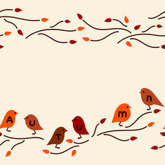 Vector seamless border. Cute birds on the branches, doodles.
