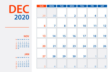 December 2020 Calendar Planner - vector illustration. Template. Mock up.