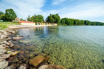 Summer panorama landscape with lake bay