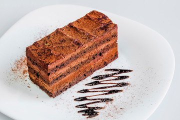 Delicious chocolate cake on plate on table on light background
