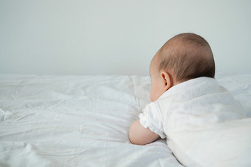 The baby lies on his stomach. The baby looks upward at the wall. The back of the head of a newborn