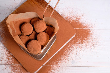 Homemade natural vegan chocolate truffle with cocoa on a white square plate on a white background is sprinkled with fine chocolate chips