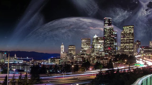 Large moon rising over Seattle city skyline at night