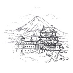 Illustration Japan Himeji Castle.Japan Stadtbild Skizze.Zeichnung Asien Sightseeing.