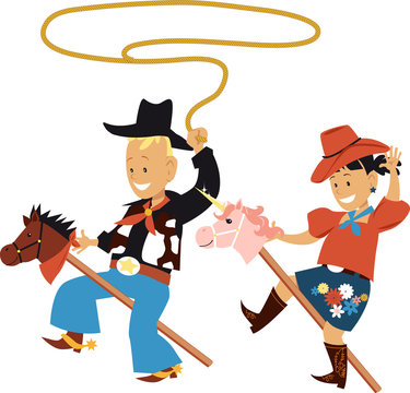 Two cute kids in cowboy and cowgirl outfits riding stick ponies, EPS 8 vector illustration