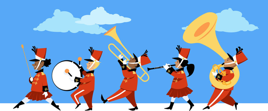 Cute children playing instruments in a marching band parade, EPS 8 vector illustration	