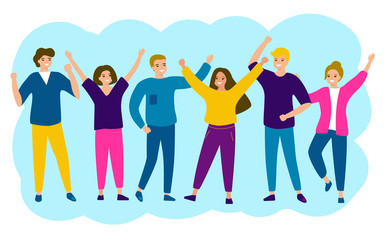 Obraz premium Happy people have fun. Group of young men and women rejoice in victory. One team, partners, friends, buddies. Vector illustration