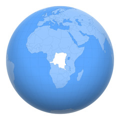 Democratic Republic of the Congo (DRC, DROC, Congo-Kinshasa) on the globe. Earth centered at the location of the Congo. Map of East Congo. Includes layer with capital cities.