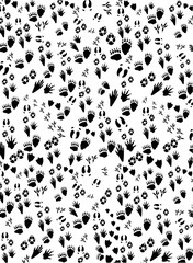 animal footprints background, monochrome pattern of paws of animals and birds. black and white