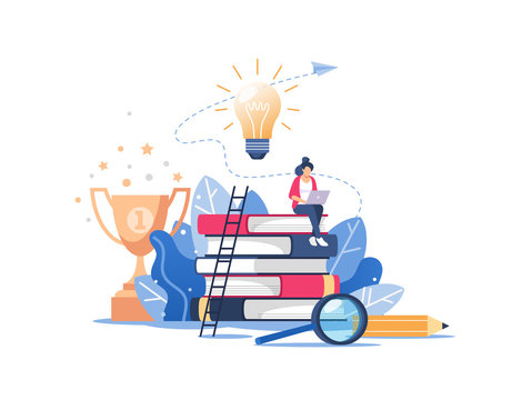 Person gains knowledge for success and better ideas. Online education or business training concept, distance courses, study guides, exam preparation, home schooling. Vector illustration.