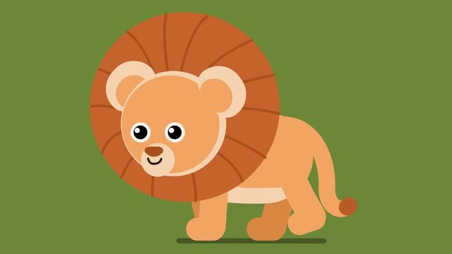 100 baby animals. Walk cycle of a cute baby lion. 2D animation made in 4K, loopable clip , isolated.