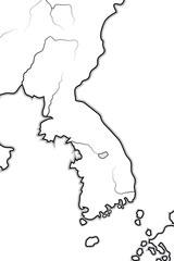 World Map of KOREA: Korea (endonym: Goryeo/Koryŏ), South Korea (endonym: Hanguk/Daehan), North Korea (endonym: Chosŏn). Geographic chart with sea coastline and peninsula.