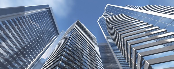 Beautiful skyscrapers bottom view on sky background, 3D rendering