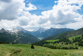 Beautiful view of Dolomites and Fassa Valley from Sella Pass. Italian Alps, South Tyrol