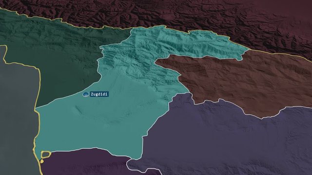 Samegrelo-Zemo Svaneti - region of Georgia with its capital zoomed on the administrative map of the globe. Animation 3D