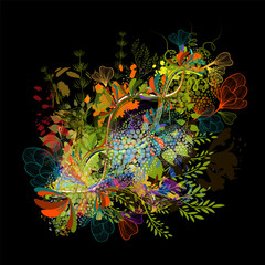 Flower abstraction. Multi-colored abstraction of flowers and twigs. Vector illustration