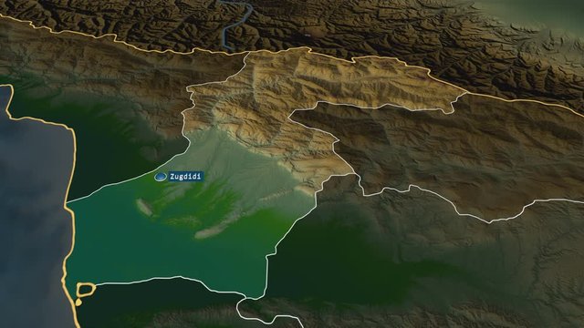 Samegrelo-Zemo Svaneti - region of Georgia with its capital zoomed on the physical map of the globe. Animation 3D