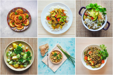 Food collage with different views of zucchini dishes