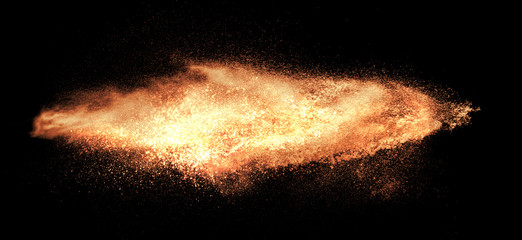 a shot from a firearm, an explosion of gunpowder on a black background, a bright flash with flying particles, abstract shape